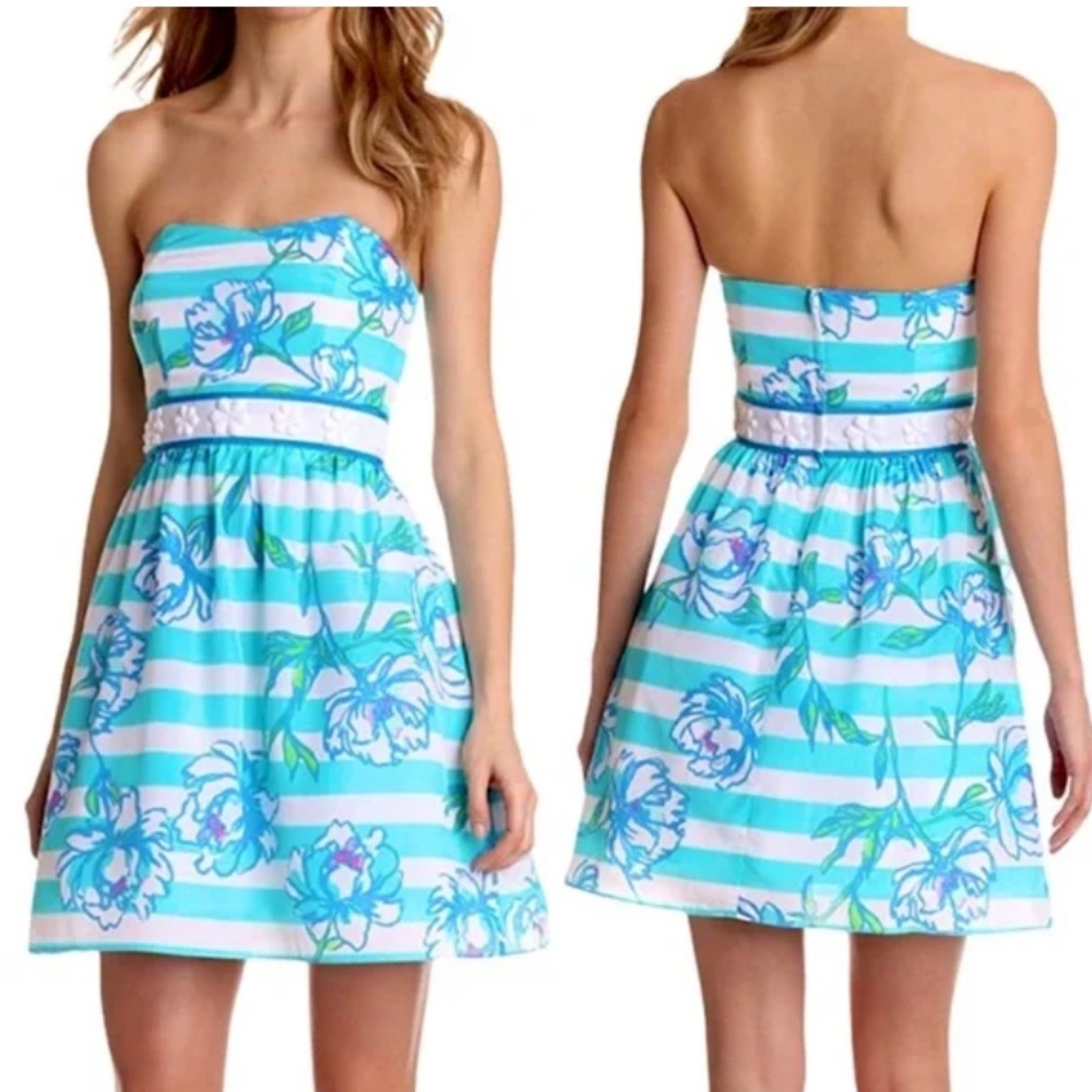 Lilly‎ Pullitzer Floral Strapless Blue and White Dress